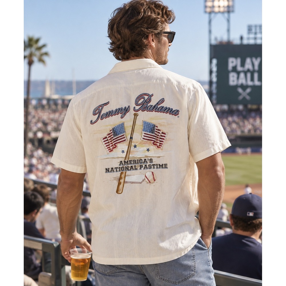 Tommy Bahama Baseball Shirt Men M Cream Silk St. Louis Cardinals Embroidered